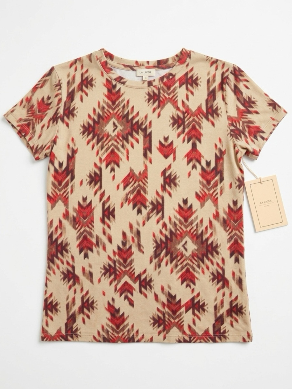 L'AGENCE Beige Short Sleeve Tee with Red and Brown Aztec Print
